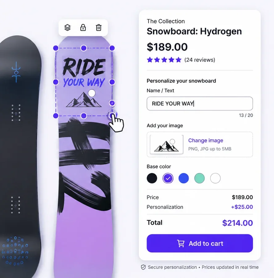 A snowboard product page with a Customix personalization form: a name field, an uploaded mountain image, colour swatches, and a price that adds $25 for personalization.