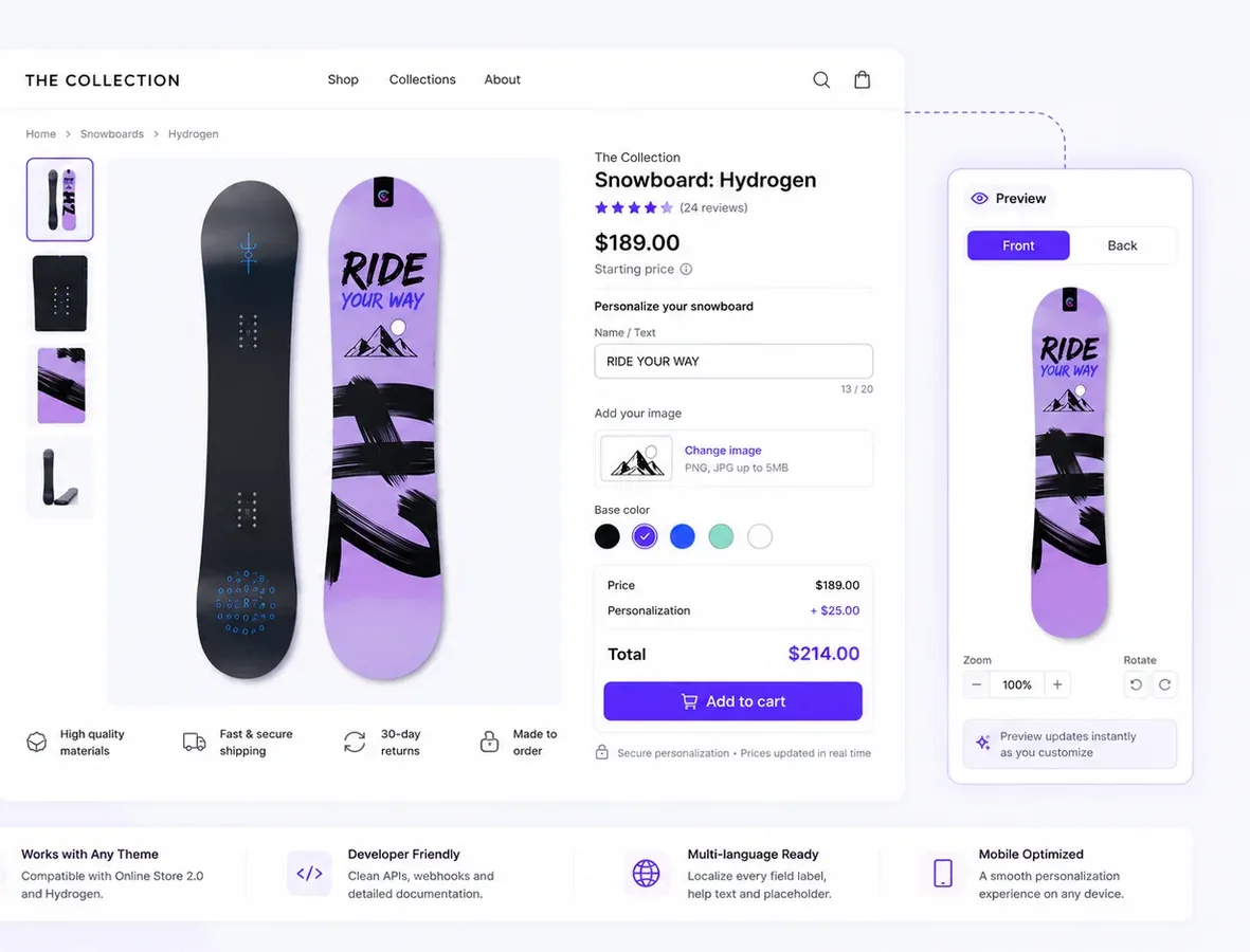 The Customix block on a storefront product page, with a live preview panel showing the customised snowboard front and back.