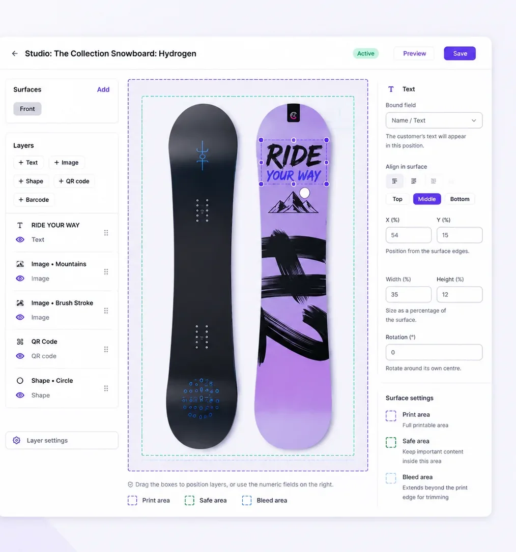 The Customix Studio: a snowboard with layers listed on the left, print, safe and bleed areas marked, and layer settings on the right.